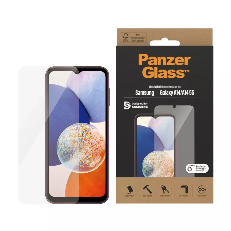 Ekrano apsauga PanzerGlass Samsung Galaxy A14 A14 5G Ultra-Wide Fit atspari įbrėžimams ir smūgiams
