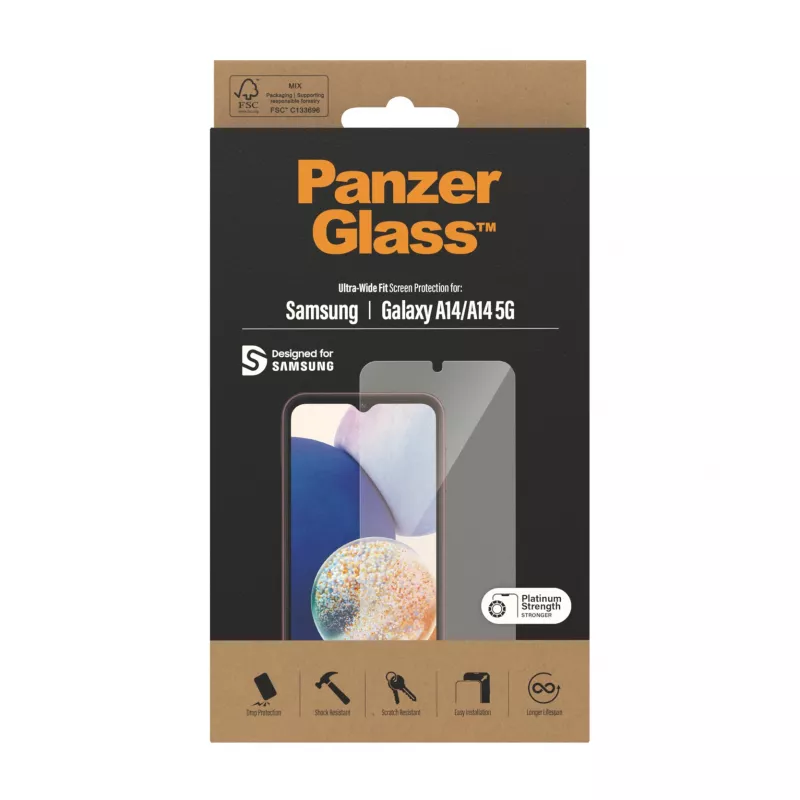 Ekrano apsauga PanzerGlass Samsung Galaxy A14 A14 5G Ultra-Wide Fit atspari įbrėžimams ir smūgiams