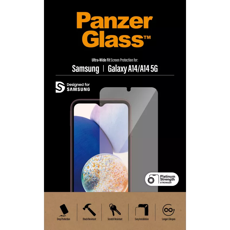 Ekrano apsauga PanzerGlass Samsung Galaxy A14 A14 5G Ultra-Wide Fit atspari įbrėžimams ir smūgiams