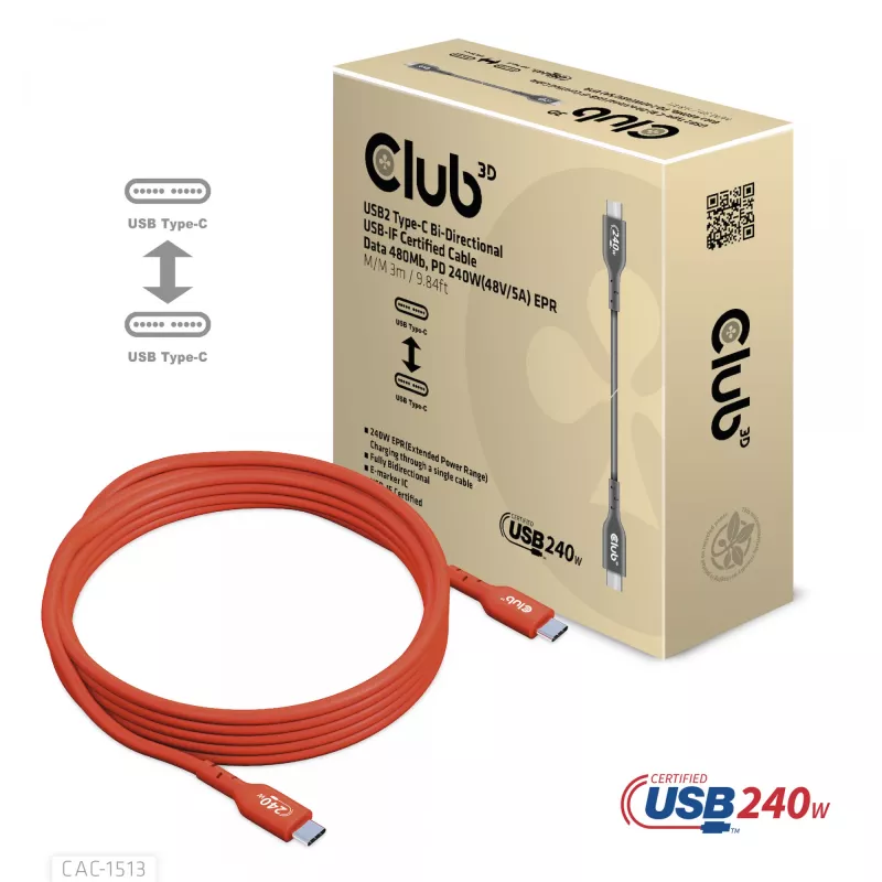 CLUB3D USB2 Type-C dvikryptis USB-IF sertifikuotas kabelis duomenims 480Mb, PD 240W(48V/5A) EPR M/M 3m / 9.84 ft