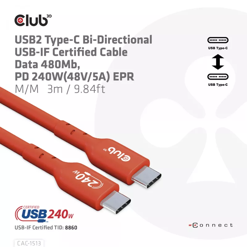 CLUB3D USB2 Type-C dvikryptis USB-IF sertifikuotas kabelis duomenims 480Mb, PD 240W(48V/5A) EPR M/M 3m / 9.84 ft