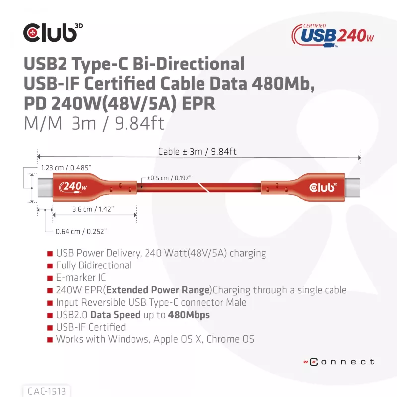 CLUB3D USB2 Type-C dvikryptis USB-IF sertifikuotas kabelis duomenims 480Mb, PD 240W(48V/5A) EPR M/M 3m / 9.84 ft