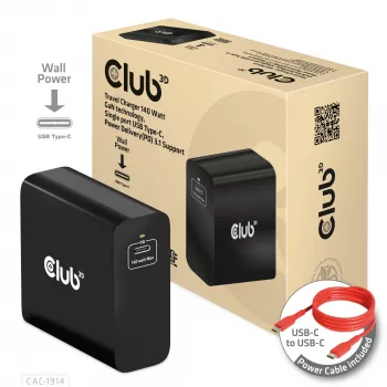 CLUB3D kelioninis įkroviklis 140 W, GaN technologija, vienas USB Type-C prievadas, palaiko Power Delivery (PD) 3.1