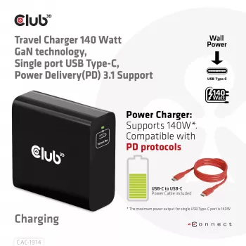 CLUB3D kelioninis įkroviklis 140 W, GaN technologija, vienas USB Type-C prievadas, palaiko Power Delivery (PD) 3.1