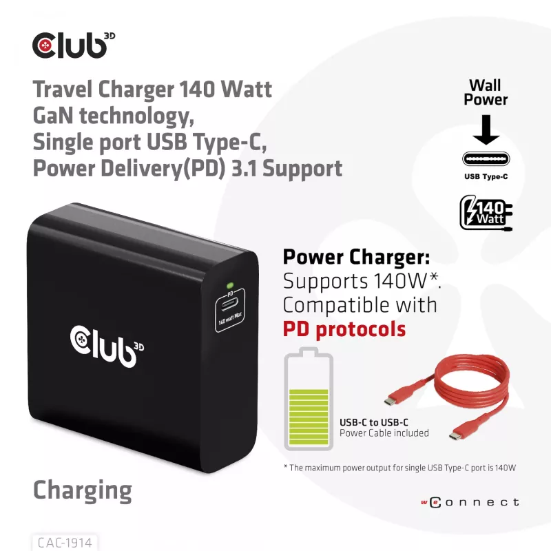 CLUB3D kelioninis įkroviklis 140 W, GaN technologija, vienas USB Type-C prievadas, palaiko Power Delivery (PD) 3.1