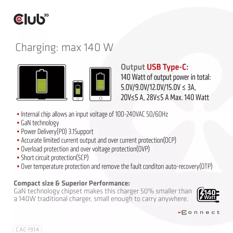 CLUB3D kelioninis įkroviklis 140 W, GaN technologija, vienas USB Type-C prievadas, palaiko Power Delivery (PD) 3.1