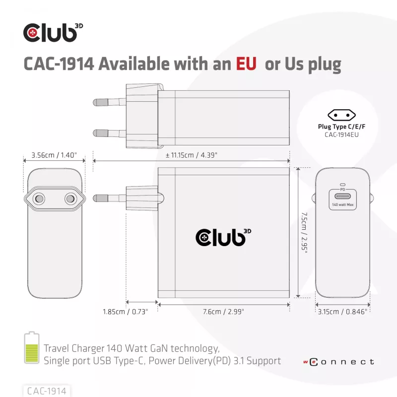 CLUB3D kelioninis įkroviklis 140 W, GaN technologija, vienas USB Type-C prievadas, palaiko Power Delivery (PD) 3.1