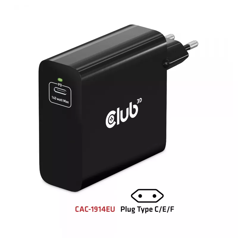 CLUB3D kelioninis įkroviklis 140 W, GaN technologija, vienas USB Type-C prievadas, palaiko Power Delivery (PD) 3.1