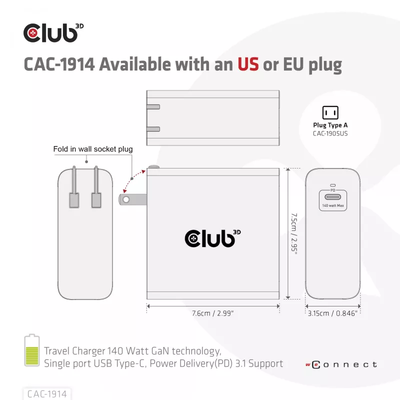 CLUB3D kelioninis įkroviklis 140 W, GaN technologija, vienas USB Type-C prievadas, palaiko Power Delivery (PD) 3.1