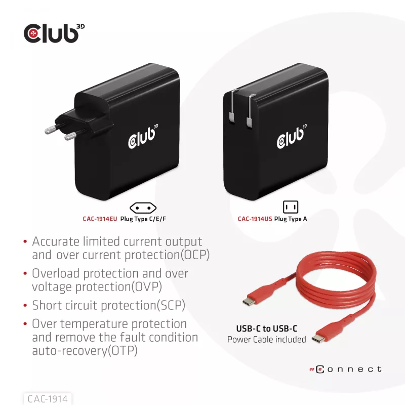 CLUB3D kelioninis įkroviklis 140 W, GaN technologija, vienas USB Type-C prievadas, palaiko Power Delivery (PD) 3.1