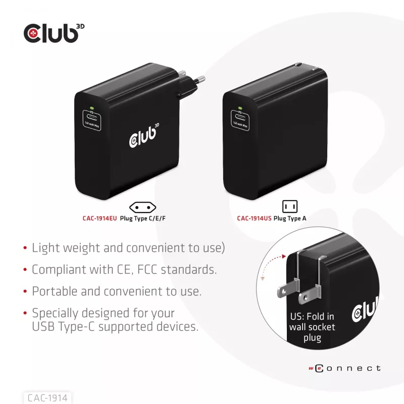 CLUB3D kelioninis įkroviklis 140 W, GaN technologija, vienas USB Type-C prievadas, palaiko Power Delivery (PD) 3.1