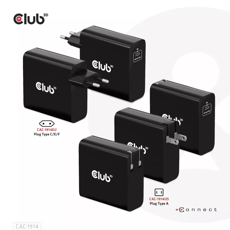 CLUB3D kelioninis įkroviklis 140 W, GaN technologija, vienas USB Type-C prievadas, palaiko Power Delivery (PD) 3.1