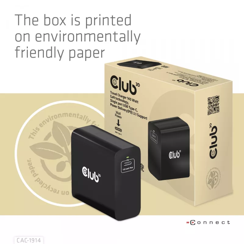 CLUB3D kelioninis įkroviklis 140 W, GaN technologija, vienas USB Type-C prievadas, palaiko Power Delivery (PD) 3.1