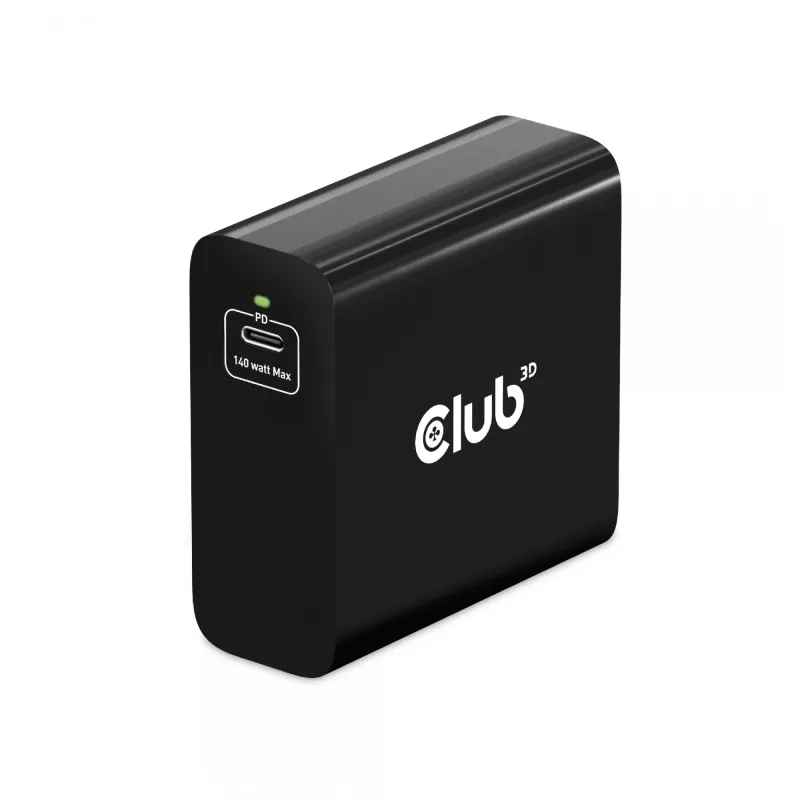 CLUB3D kelioninis įkroviklis 140 W, GaN technologija, vienas USB Type-C prievadas, palaiko Power Delivery (PD) 3.1