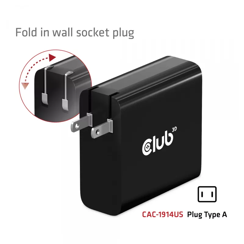 CLUB3D kelioninis įkroviklis 140 W, GaN technologija, vienas USB Type-C prievadas, palaiko Power Delivery (PD) 3.1