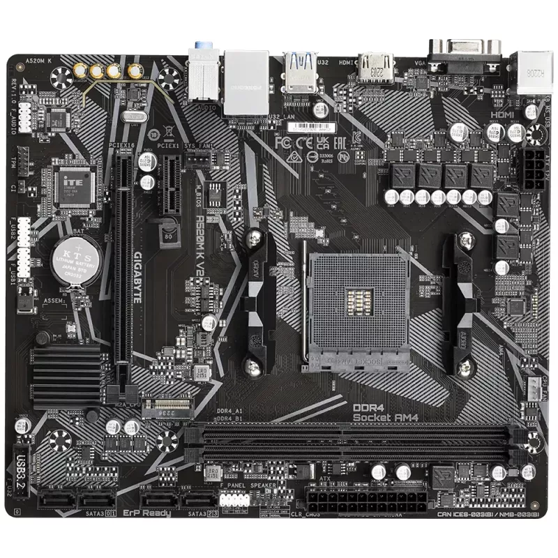 GIGABYTE A520M K V2 pagrindinė plokštė – palaiko AMD Ryzen 5000 serijos AM4 procesorius, iki 5100 MHz DDR4 (OC), PCIe Gen3 x4 M.2, GbE LAN, USB 3.2 Gen 1
