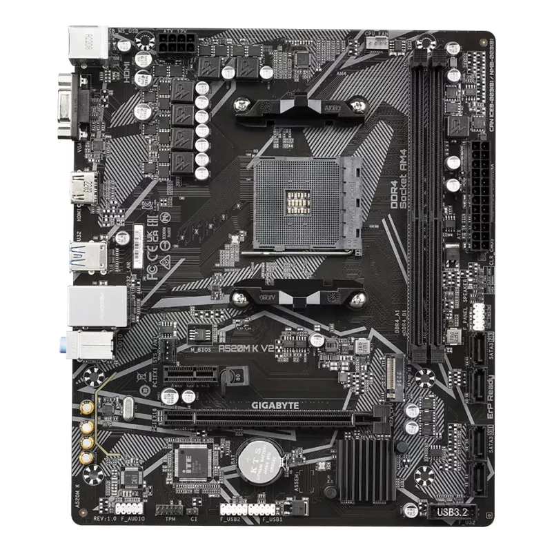 GIGABYTE A520M K V2 pagrindinė plokštė – palaiko AMD Ryzen 5000 serijos AM4 procesorius, iki 5100 MHz DDR4 (OC), PCIe Gen3 x4 M.2, GbE LAN, USB 3.2 Gen 1