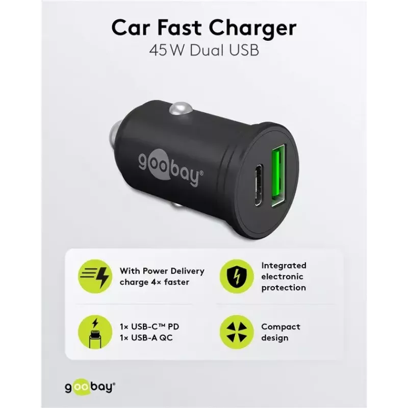 Goobay dviejų USB automobilinis greitasis įkroviklis USB-C PD 45 W juodas