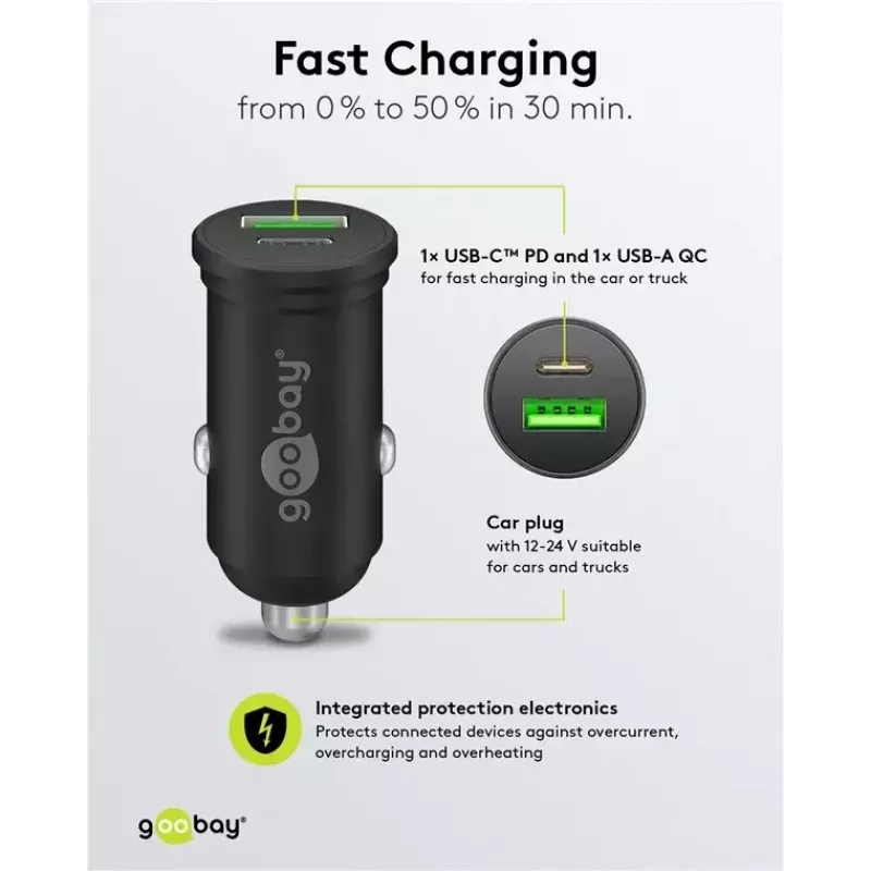 Goobay dviejų USB automobilinis greitasis įkroviklis USB-C PD 45 W juodas