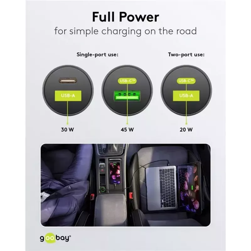 Goobay dviejų USB automobilinis greitasis įkroviklis USB-C PD 45 W juodas