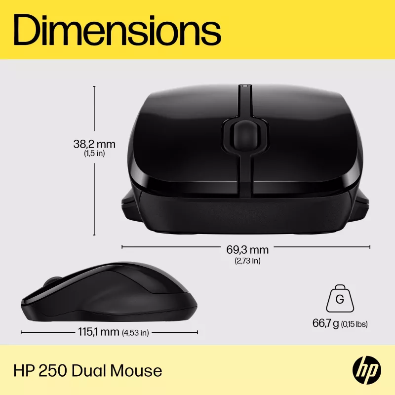 HP 250 Dual Mouse, ambidekstrinė, Bluetooth + USB Type-A, 1600 DPI, juoda