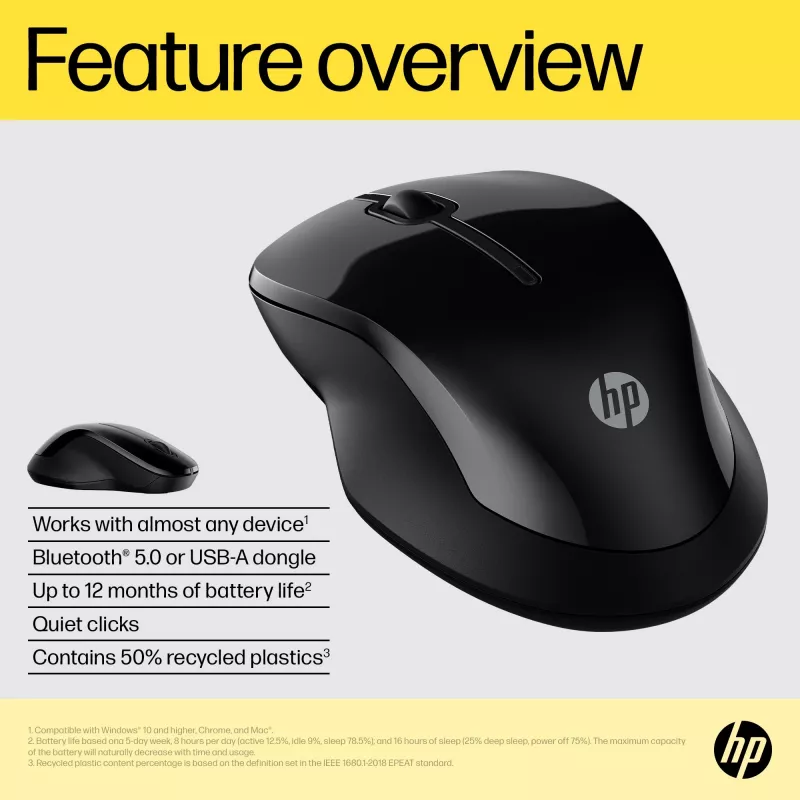 HP 250 Dual Mouse, ambidekstrinė, Bluetooth + USB Type-A, 1600 DPI, juoda
