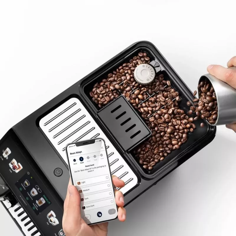 Espresso aparatas De’Longhi ECAM450.65.S — pilnai automatinis, 1,8 L vandens talpa, 300 g pupelių talpykla, 19 barų, įmontuotas malūnėlis, „Wi‑Fi“, TFT ekranas