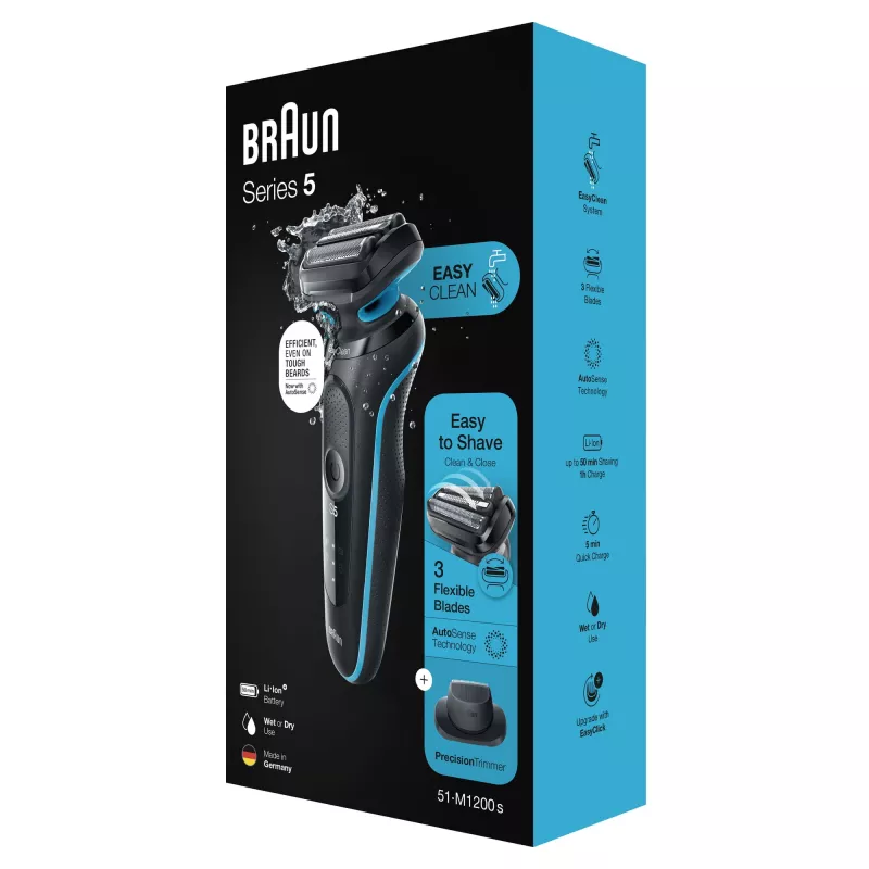 Braun Series 5 51-M1200s vyriškas barzdaskutė Folijinė barzdaskutė Trimeris Juoda, Mėlyna