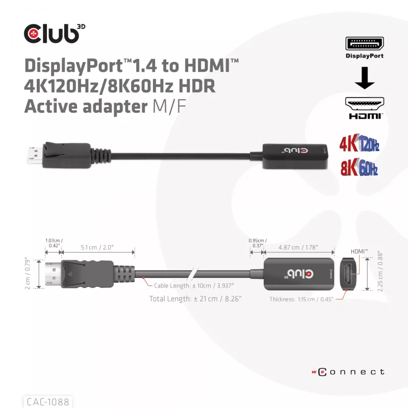 CLUB3D DisplayPort1.4 į HDMI 4K120Hz/8K60Hz HDR aktyvus adapteris M/F