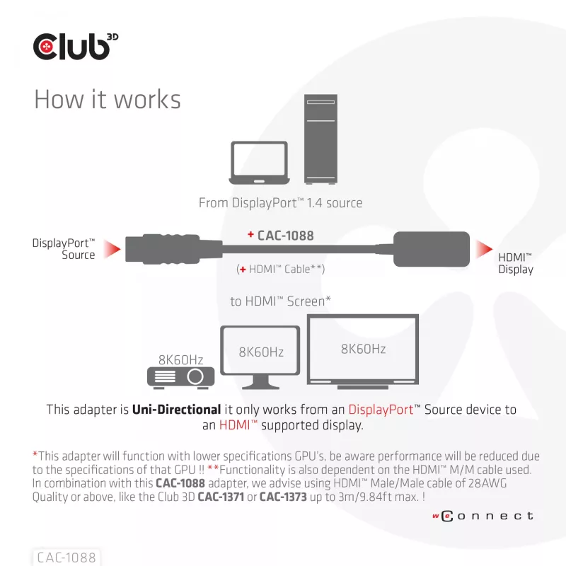 CLUB3D DisplayPort1.4 į HDMI 4K120Hz/8K60Hz HDR aktyvus adapteris M/F
