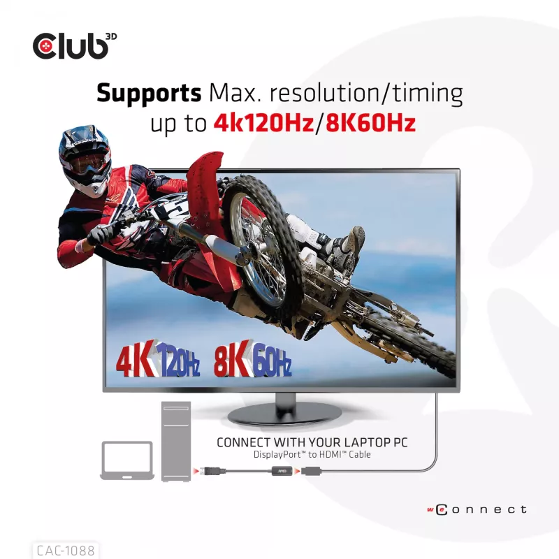 CLUB3D DisplayPort1.4 į HDMI 4K120Hz/8K60Hz HDR aktyvus adapteris M/F