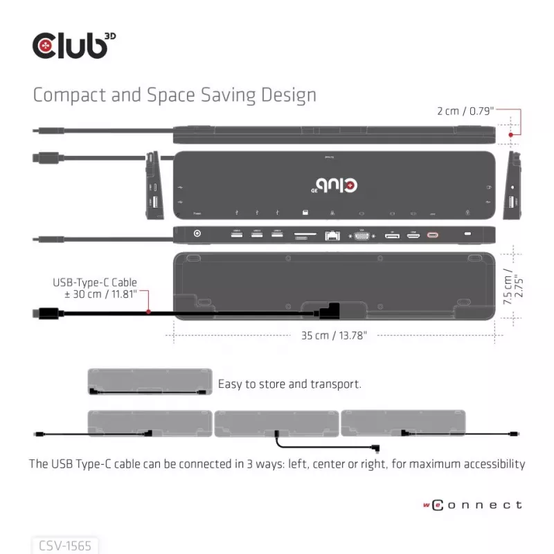 CLUB3D USB Gen1 Type-C Triple Display DP1.4 Alt mode Smart PD3.0 Charging Dock su 100 vatų maitinimo šaltiniu