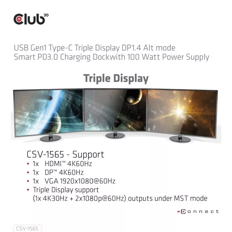 CLUB3D USB Gen1 Type-C Triple Display DP1.4 Alt mode Smart PD3.0 Charging Dock su 100 vatų maitinimo šaltiniu