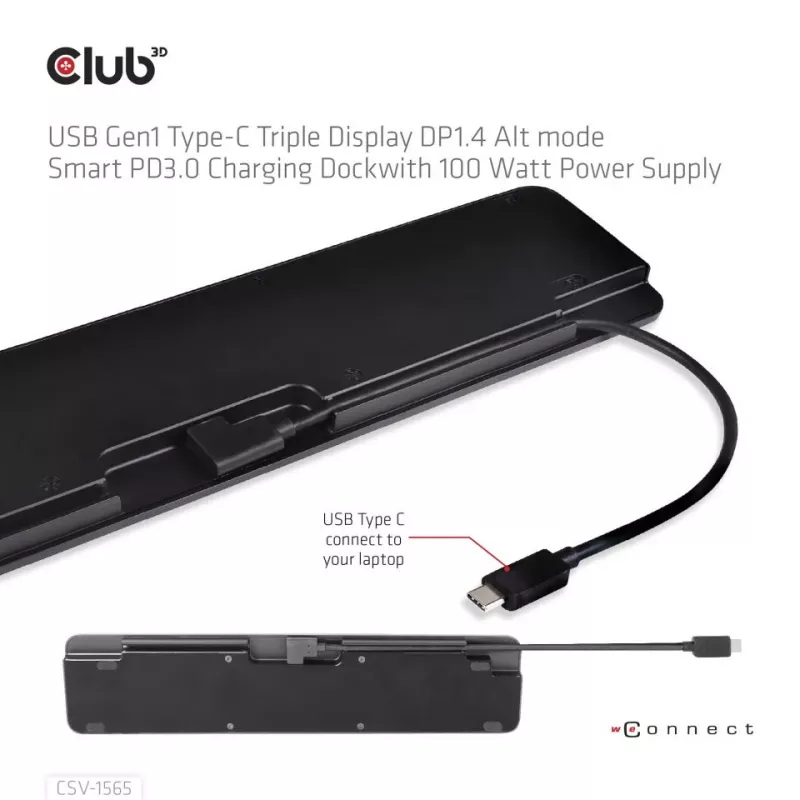 CLUB3D USB Gen1 Type-C Triple Display DP1.4 Alt mode Smart PD3.0 Charging Dock su 100 vatų maitinimo šaltiniu
