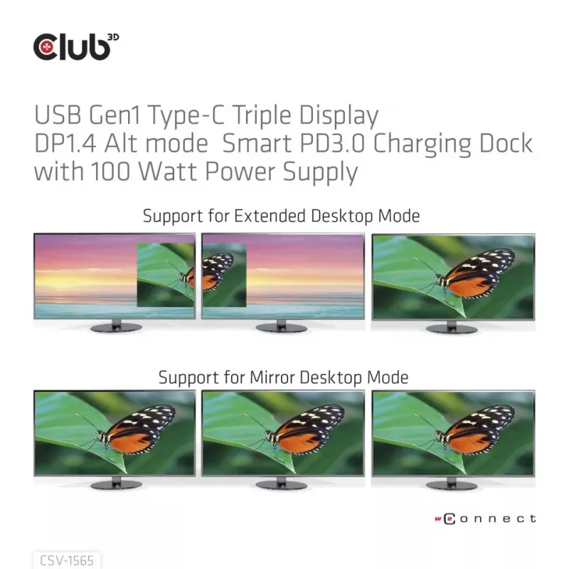 CLUB3D USB Gen1 Type-C Triple Display DP1.4 Alt mode Smart PD3.0 Charging Dock su 100 vatų maitinimo šaltiniu