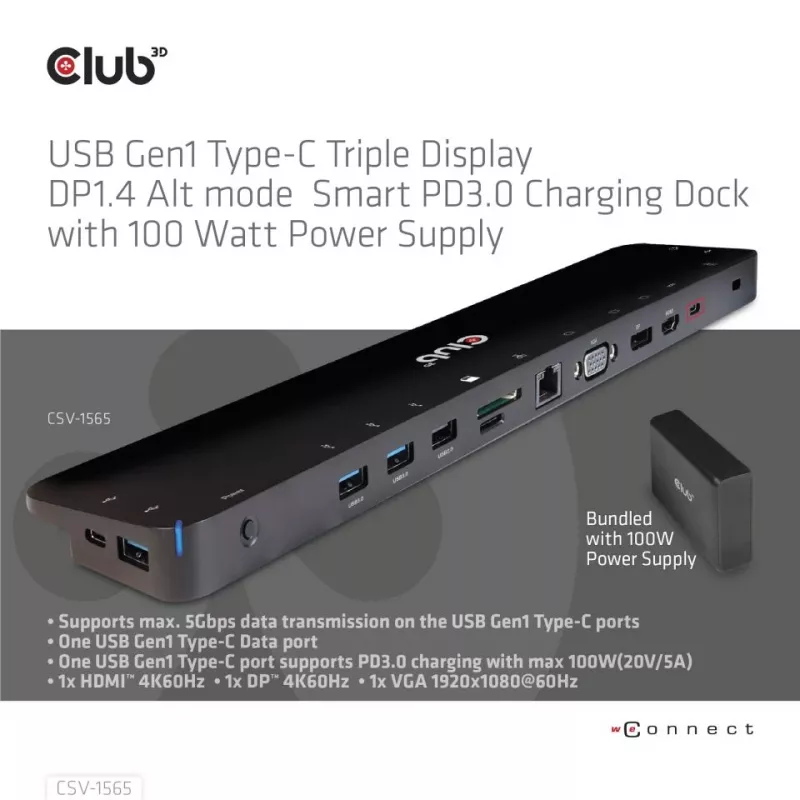 CLUB3D USB Gen1 Type-C Triple Display DP1.4 Alt mode Smart PD3.0 Charging Dock su 100 vatų maitinimo šaltiniu