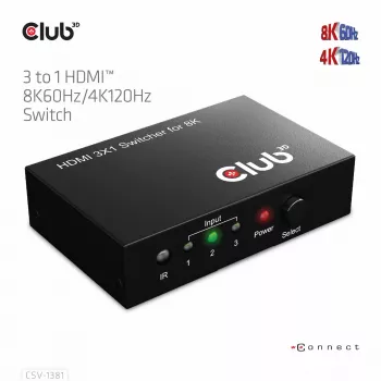 CLUB3D 3 į 1 HDMI™ 8K60Hz/4K120Hz jungiklis, 7680 x 4320 pikselių, 8K Ultra HD, juodas