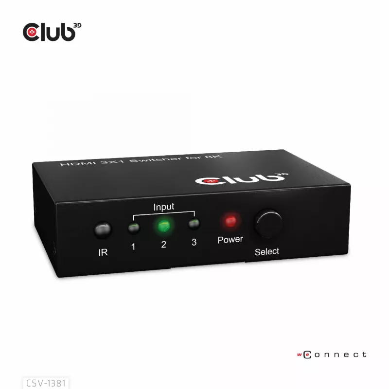 CLUB3D 3 į 1 HDMI™ 8K60Hz/4K120Hz jungiklis, 7680 x 4320 pikselių, 8K Ultra HD, juodas