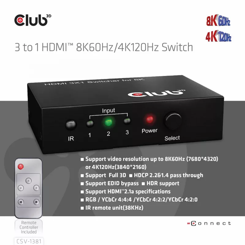 CLUB3D 3 į 1 HDMI™ 8K60Hz/4K120Hz jungiklis, 7680 x 4320 pikselių, 8K Ultra HD, juodas