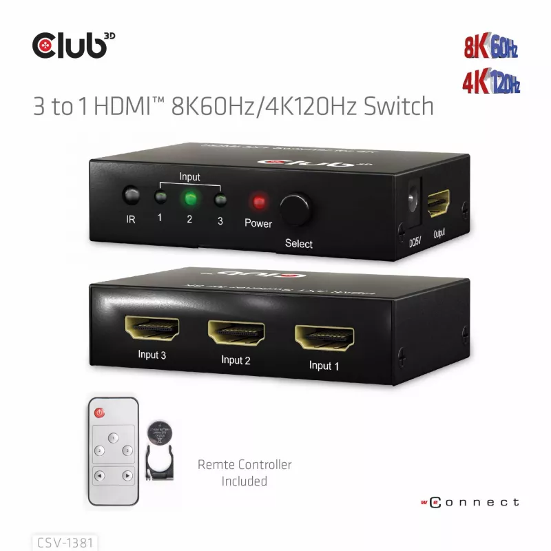 CLUB3D 3 į 1 HDMI™ 8K60Hz/4K120Hz jungiklis, 7680 x 4320 pikselių, 8K Ultra HD, juodas