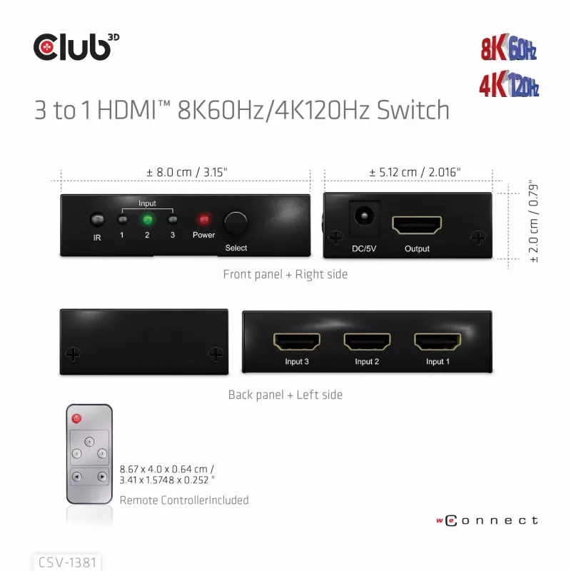CLUB3D 3 į 1 HDMI™ 8K60Hz/4K120Hz jungiklis, 7680 x 4320 pikselių, 8K Ultra HD, juodas