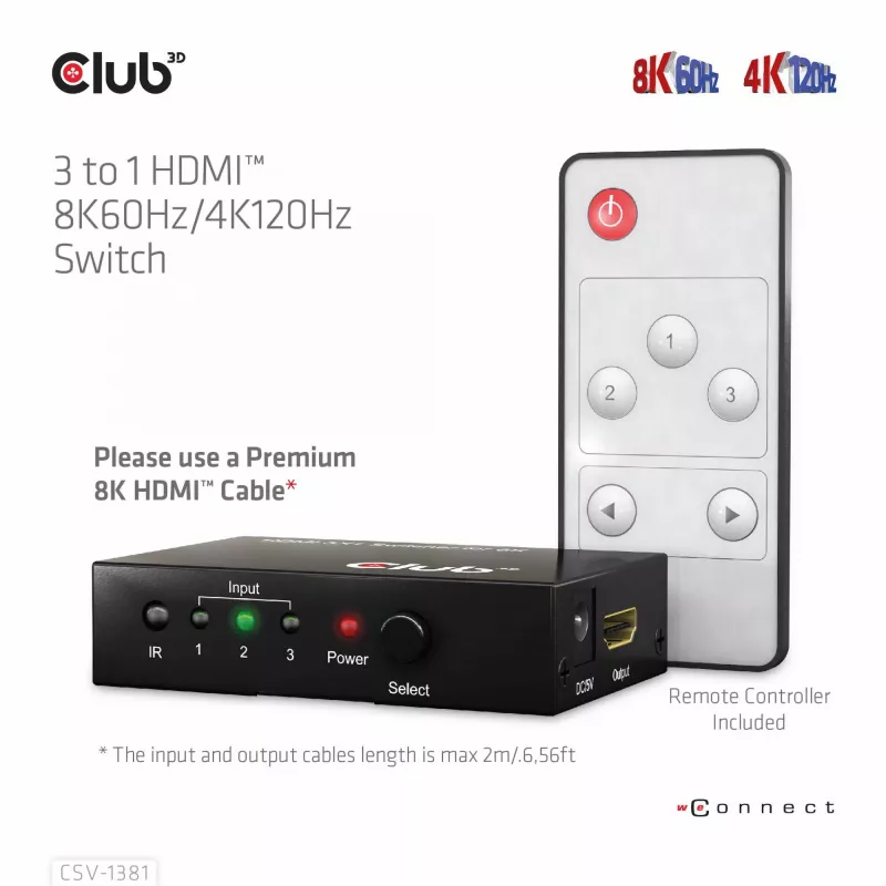 CLUB3D 3 į 1 HDMI™ 8K60Hz/4K120Hz jungiklis, 7680 x 4320 pikselių, 8K Ultra HD, juodas