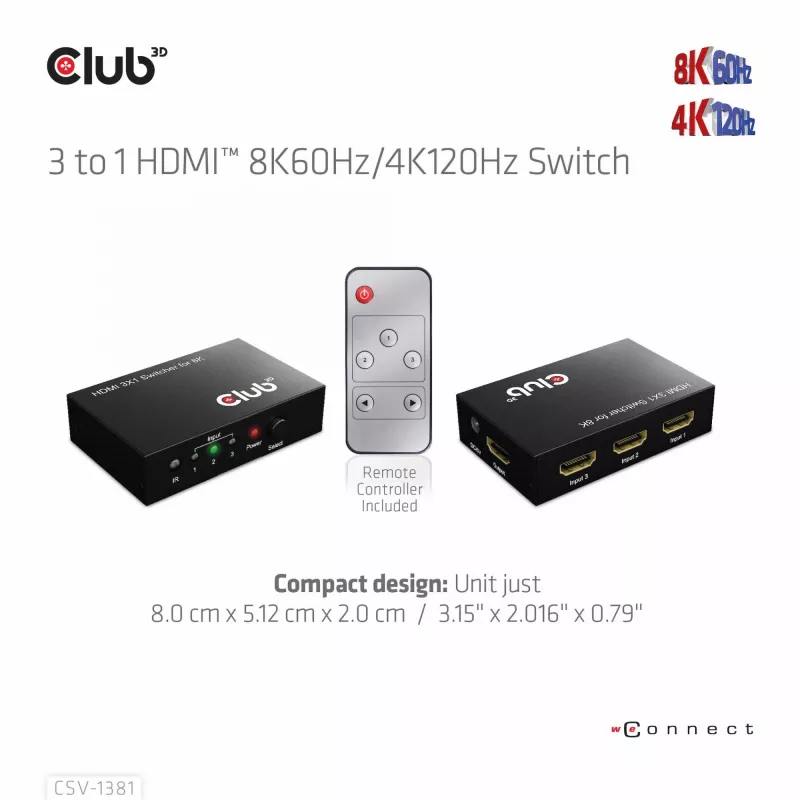 CLUB3D 3 į 1 HDMI™ 8K60Hz/4K120Hz jungiklis, 7680 x 4320 pikselių, 8K Ultra HD, juodas