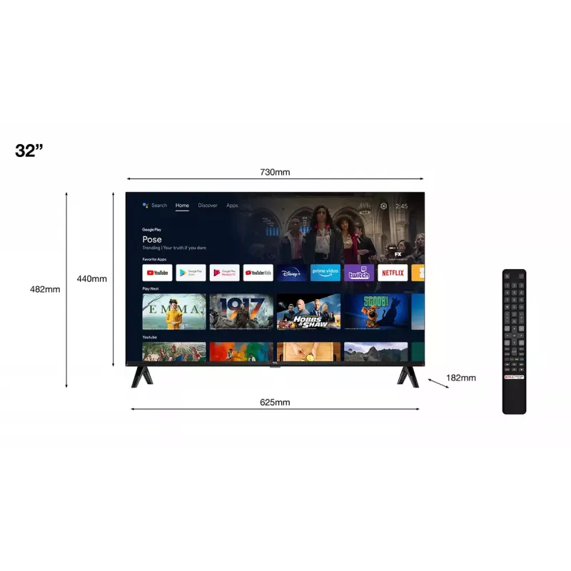 TV TCL 32S5400A 32 colių HD LED (1366x768), Android TV, Direct‑LED, 2×HDMI, HDR10, Bluetooth 5.0