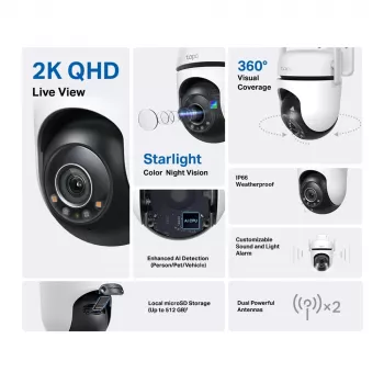 TP-Link Tapo lauko PTZ apsaugos „Wi-Fi“ kamera, IP apsaugos kamera, vidaus ir lauko, belaidė, CE, FCC, RoHS, RCM, lubinė, juoda, balta