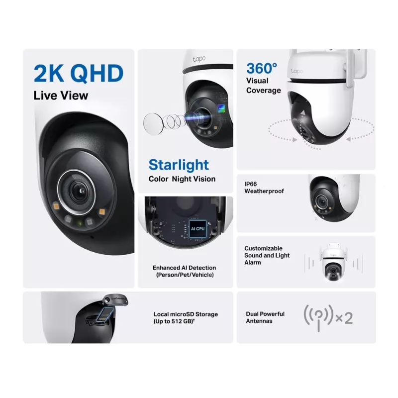 TP-Link Tapo lauko PTZ apsaugos „Wi-Fi“ kamera, IP apsaugos kamera, vidaus ir lauko, belaidė, CE, FCC, RoHS, RCM, lubinė, juoda, balta