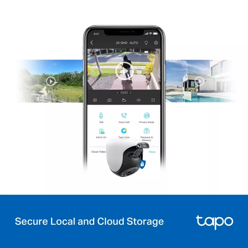 TP-Link Tapo lauko PTZ apsaugos „Wi-Fi“ kamera, IP apsaugos kamera, vidaus ir lauko, belaidė, CE, FCC, RoHS, RCM, lubinė, juoda, balta