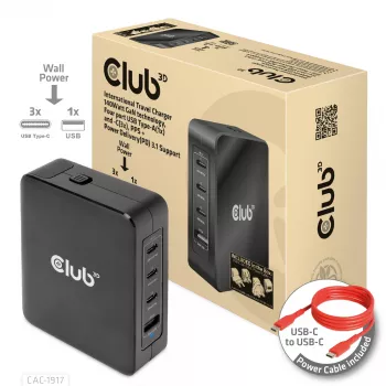 CLUB3D International Travel Charger 140W GaN technologija, keturių prievadų USB Type-A (1x) ir -C (3x), PPS + Power Delivery (PD) 3.1 palaikymas