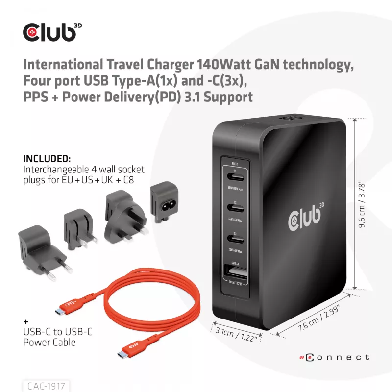 CLUB3D International Travel Charger 140W GaN technologija, keturių prievadų USB Type-A (1x) ir -C (3x), PPS + Power Delivery (PD) 3.1 palaikymas