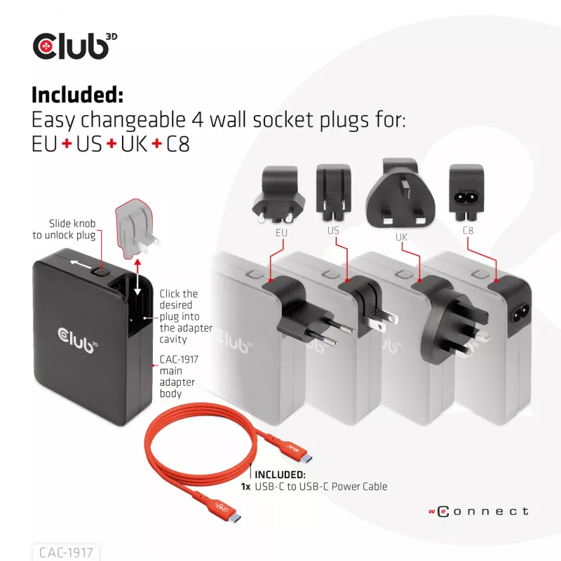 CLUB3D International Travel Charger 140W GaN technologija, keturių prievadų USB Type-A (1x) ir -C (3x), PPS + Power Delivery (PD) 3.1 palaikymas